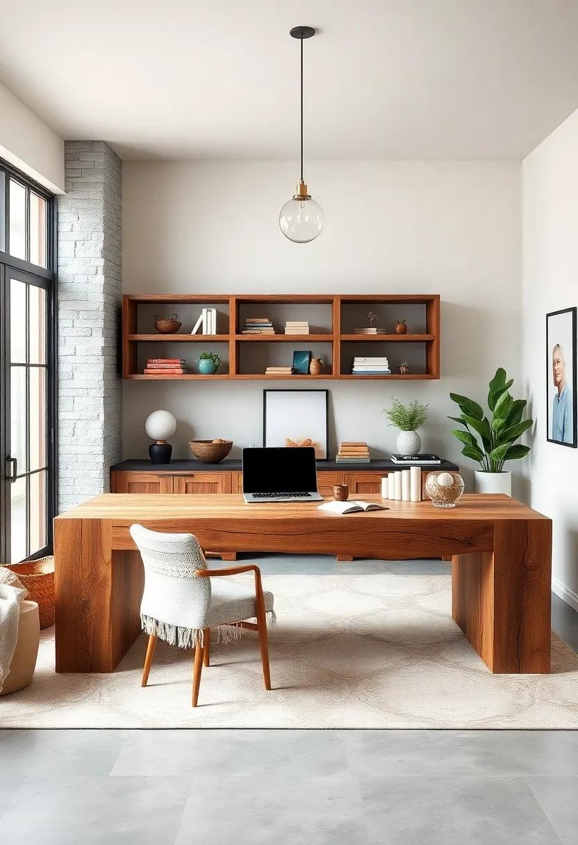 Inviting Rustic Home Office With Oversized Chunky Wood Desk And Light Natural Textures