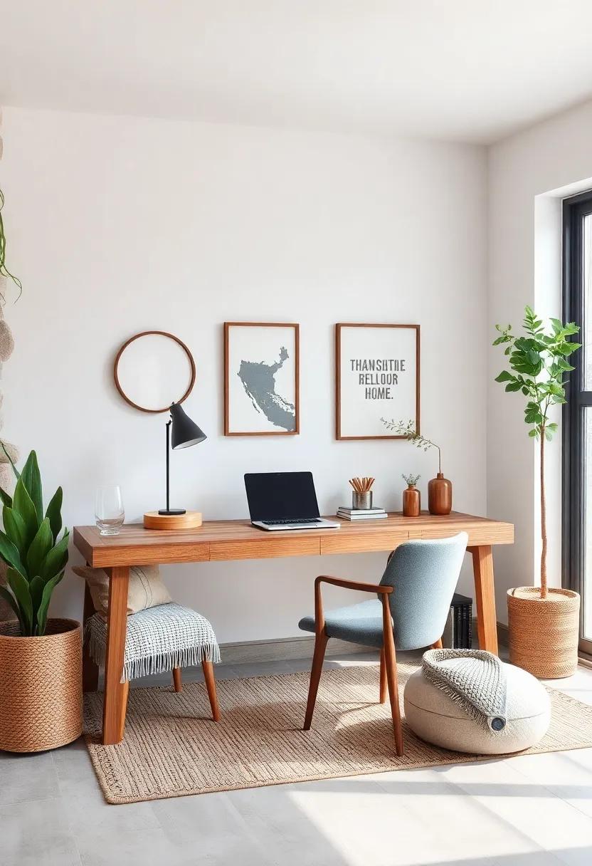 Cozy Corner Workspace Featuring A Handcrafted Wood Desk And Soft Layered Area Rugs In Neutral Hues