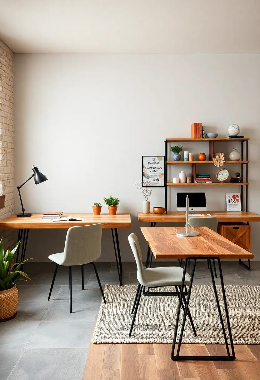 Inviting Modern Farmhouse Workspace Combining Rough-Hewn Wood Desks And Modern Black Metal Legs
