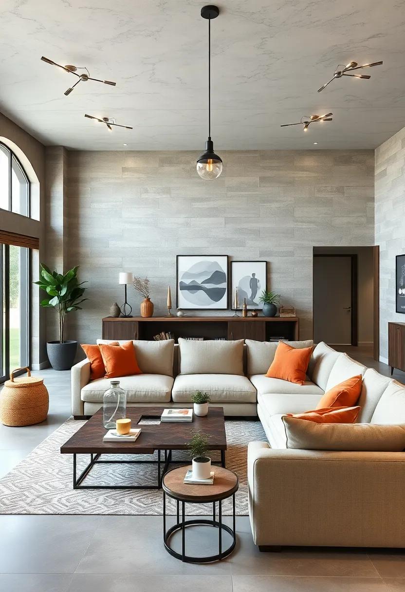 A Harmony of Industrial Lighting Fixtures and Warm Farmhouse Elements in Living Areas