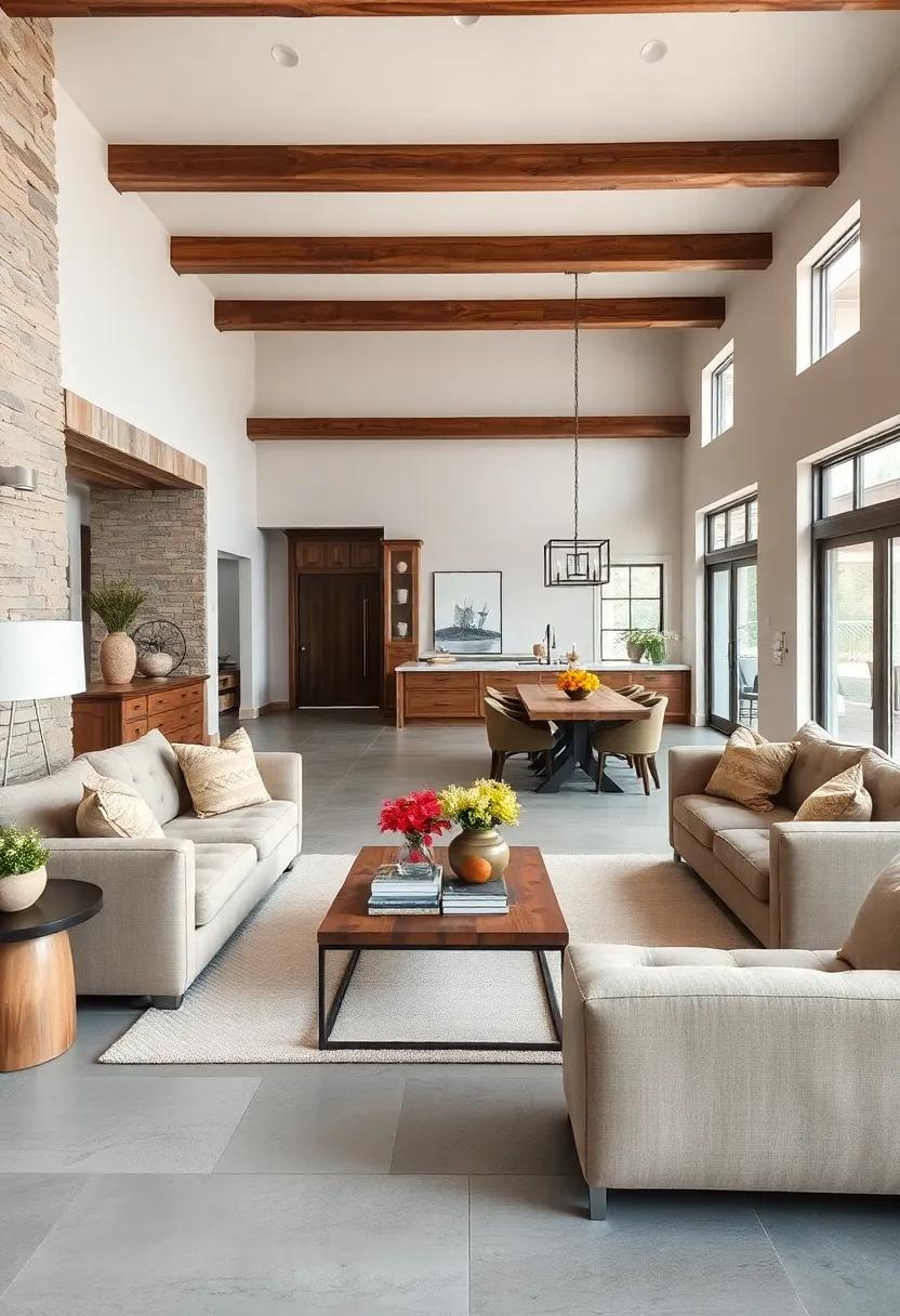 Elegant Farmhouse Dining and Seating Zones Blending Seamlessly with Oversized Sectionals