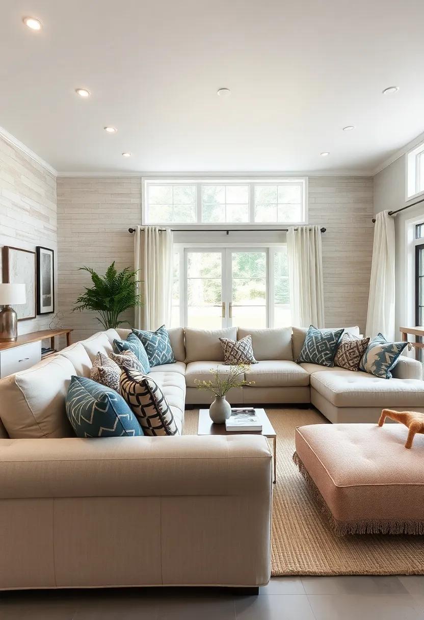Bold Patterned Throw Pillows Adding Personality to Neutral-Toned Sectionals in Living Spaces