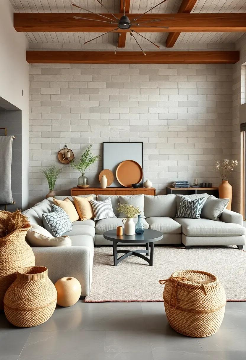 Woven Baskets and Handcrafted Ceramics Set Beside Overstuffed Sectionals Inviting Relaxation