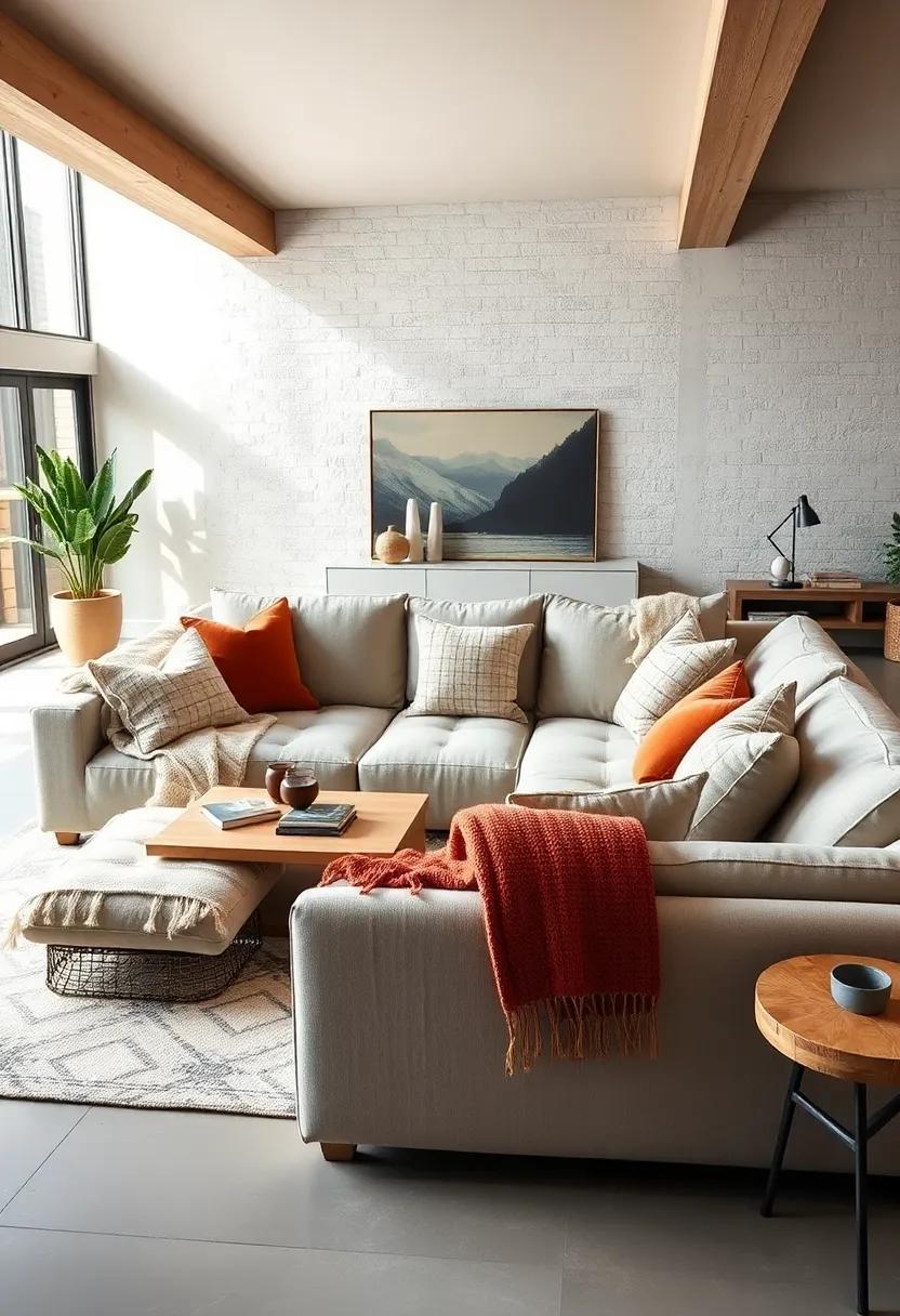 Layered Textures Combining Woven Throws and Linen Pillows on Spacious Sectionals
