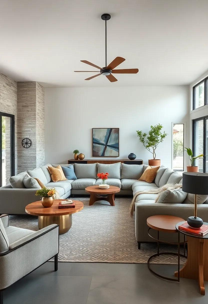 Muted Color Palettes Enhanced with Brass and Copper Accents Around Expansive Seating Zones