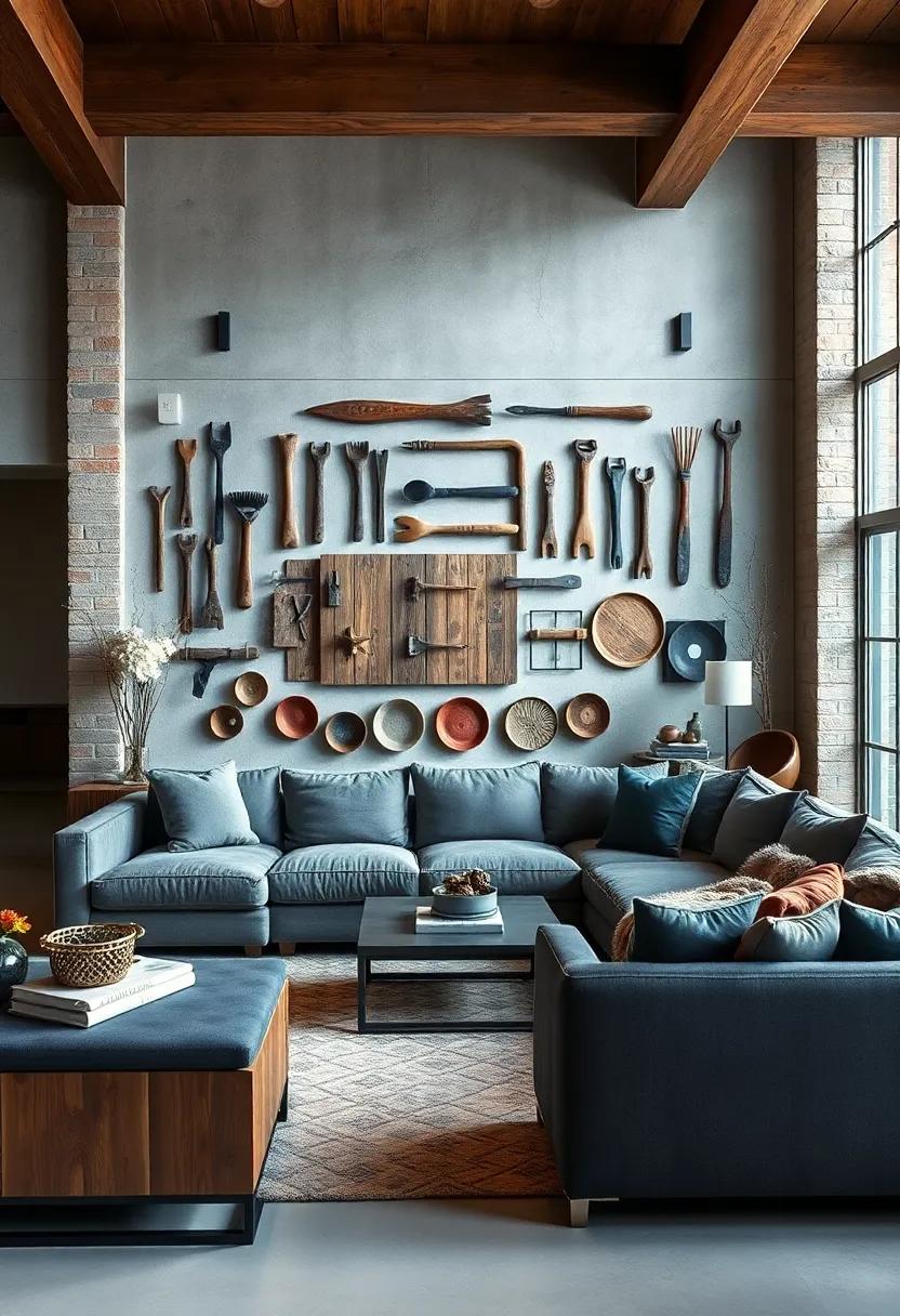 A Gallery Wall Showcasing Vintage Farm Tools Paired with Sectionals in Deep Charcoal Shades