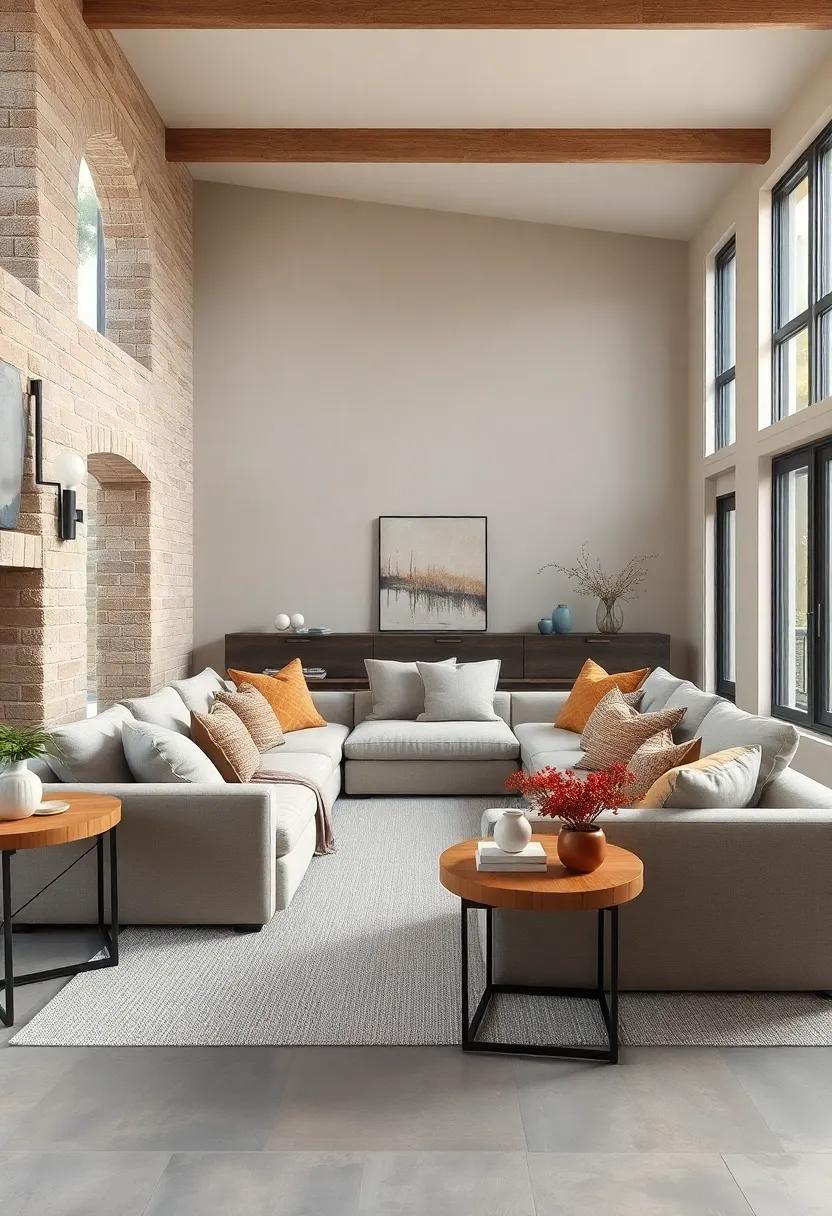 Sunlight Filtering Through Sheer Drapes Embracing Neutral Tones and Plush Farmhouse Sofas