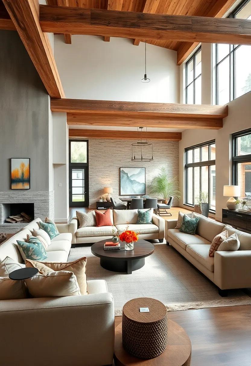 Sunken Living Room Concepts Featuring Plush Sectionals and Textured Wooden Beams