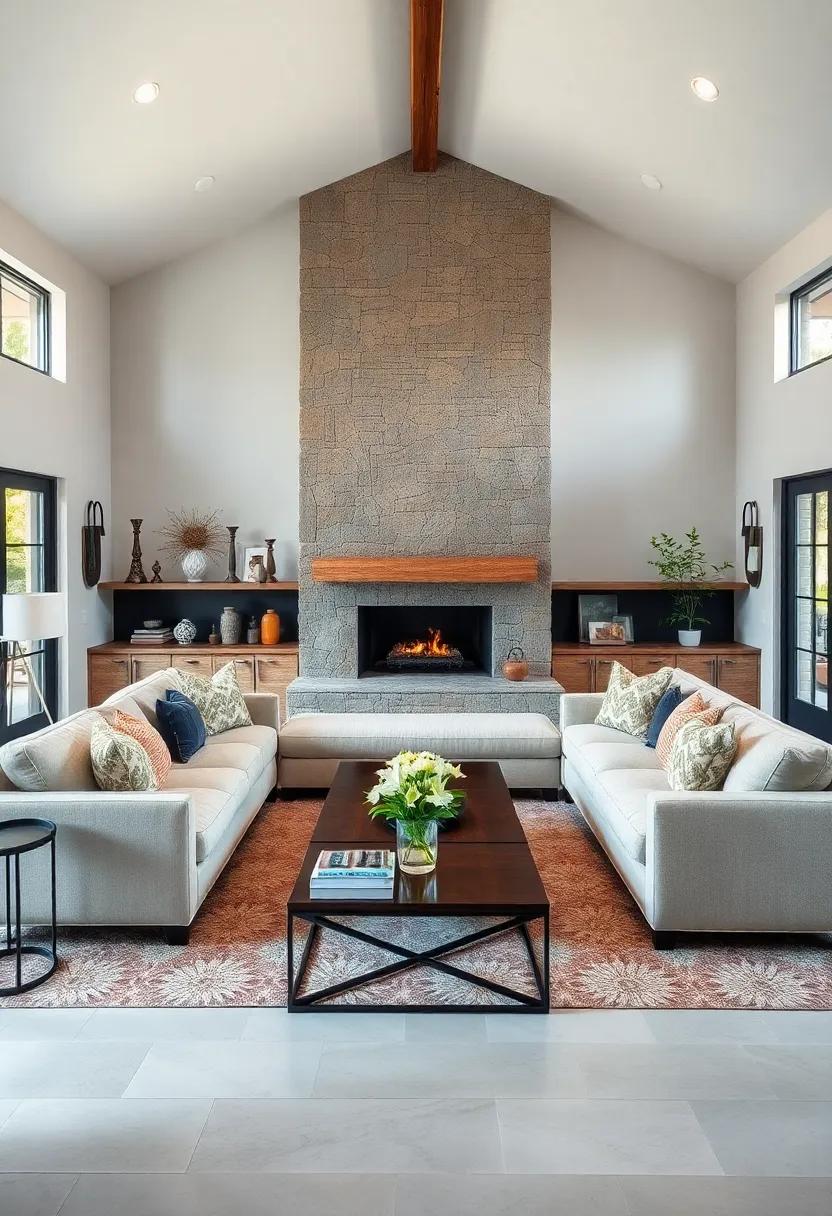Natural Stone Fireplaces Creating a Focal Point Behind Inviting Sectional Seating Arrangements
