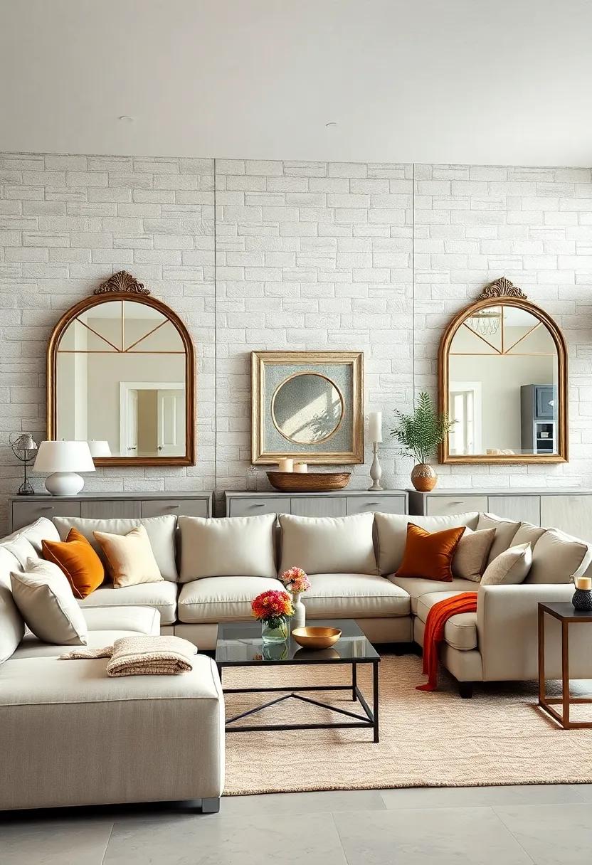 Antique Mirrors Reflecting Soft Farmhouse Lighting and Cozy Sectional Configurations