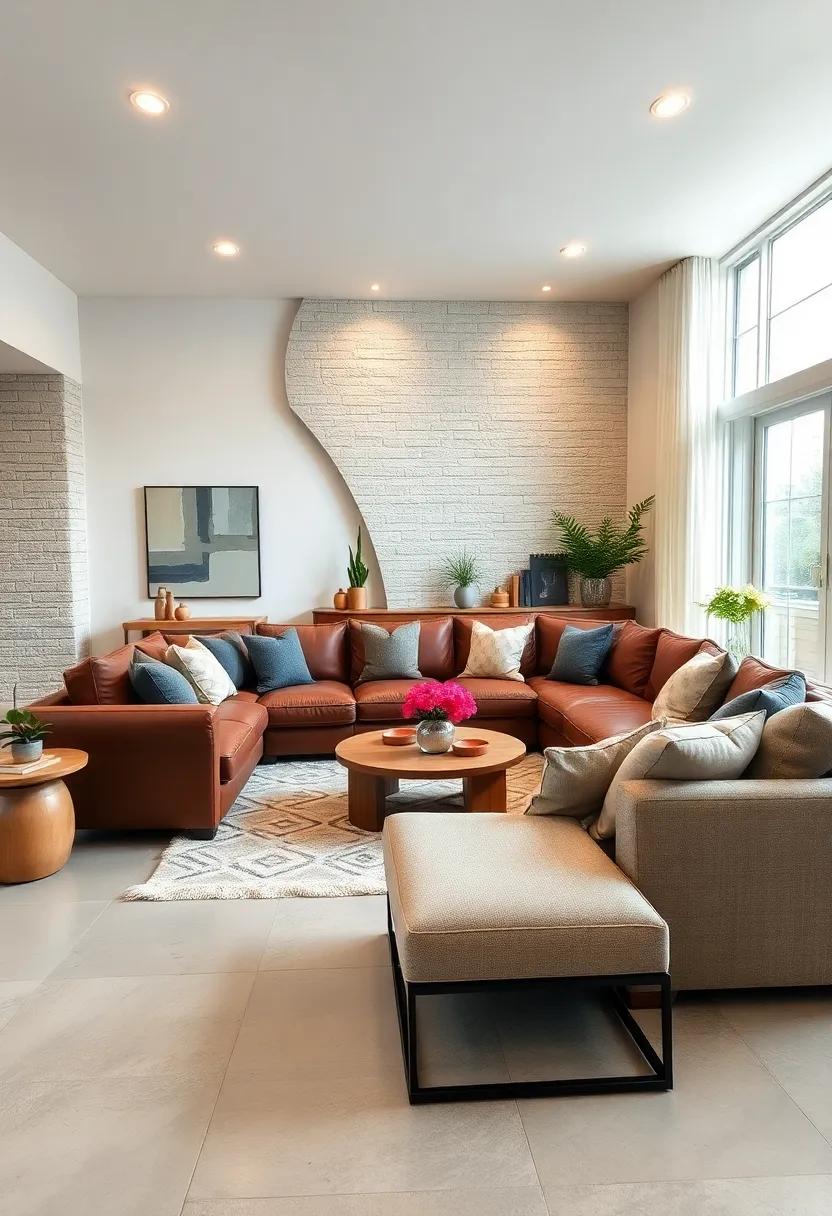 Texture Contrast Between Leather and Linen Upholstery on Large Modular Sectionals