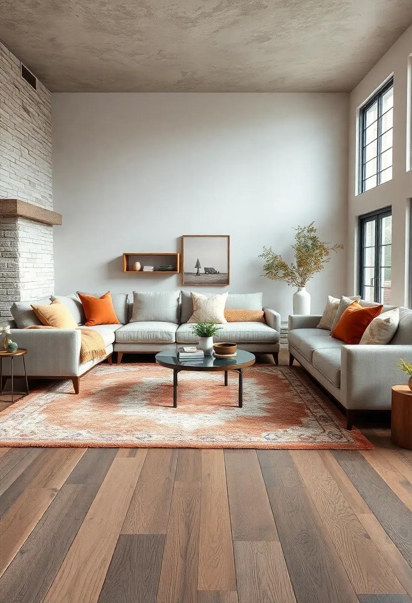 Soft Wool Rugs Draped Under Earth-Toned Sectionals Complementing Distressed Wood Floors