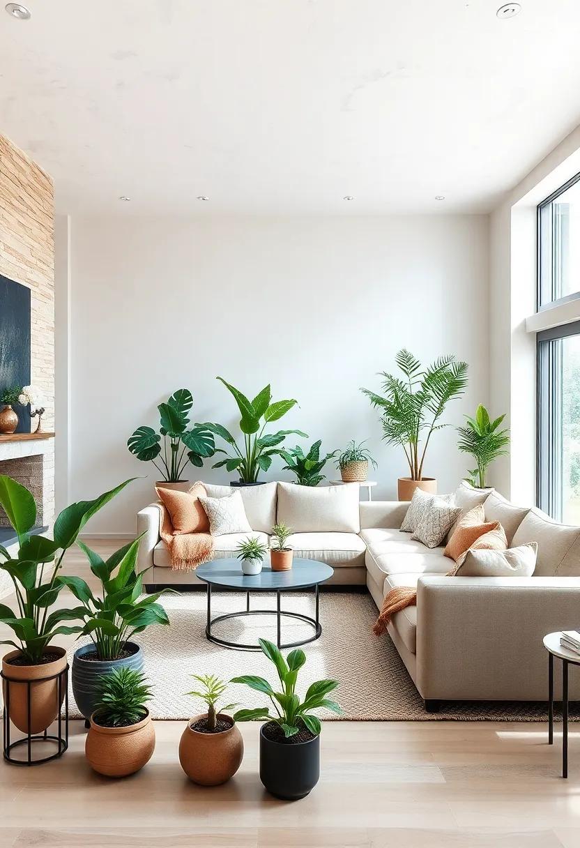Subtle Greenery Through Potted Plants Livening Up Modern Farmhouse Living Rooms