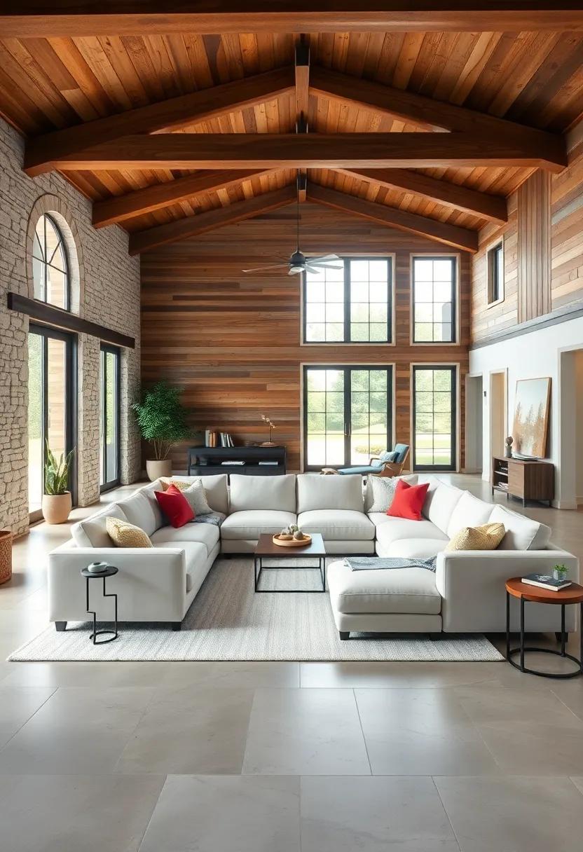 Open Floor Plans Highlighting Large Whitewashed Sectionals Against Barnwood Accent Walls
