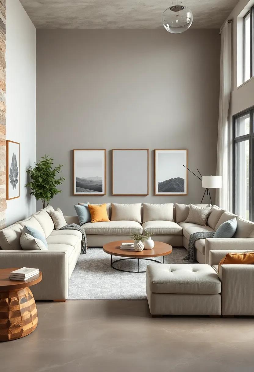 Minimalist Art Pieces Framed by Oversized Farmhouse Sectionals in Soft Beige and Gray Hues