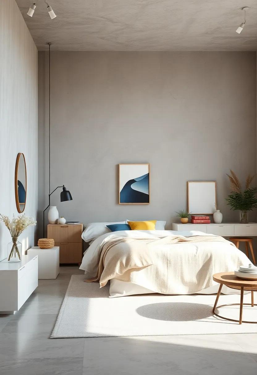 Serene Bedroom Oasis Featuring Soft Gray Walls and Pastel Accents with Minimalist Furniture and Natural Light