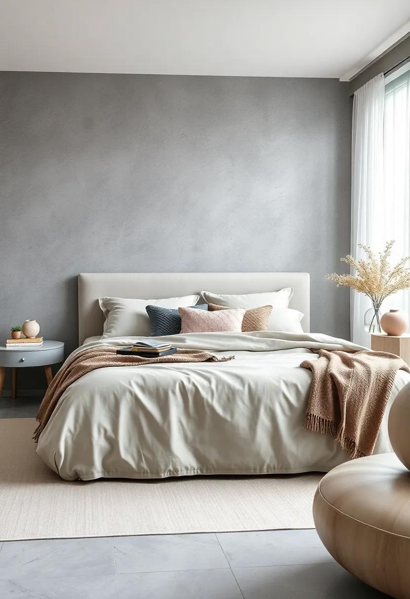 Calming Atmosphere Created by Layered Neutral Bedding and Textured Throw Pillows in Muted Shades