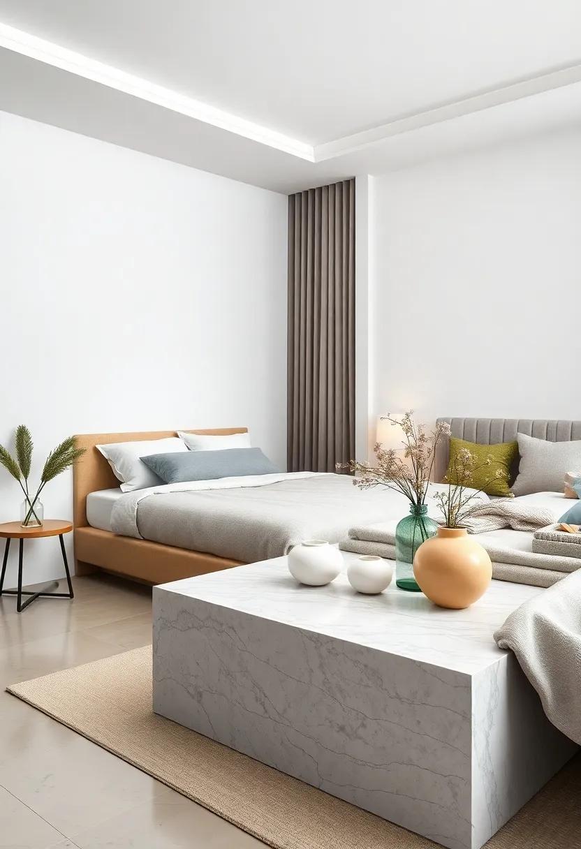 Smooth Marble or Stone Side Table with Clean Lines and Pastel Decorative Objects in a Relaxing Setup