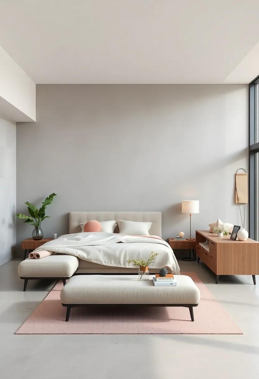 Sleek Linear Furniture Arrangement in a Gender-Neutral Bedroom with a Soft Color Scheme of Grays and Pastels