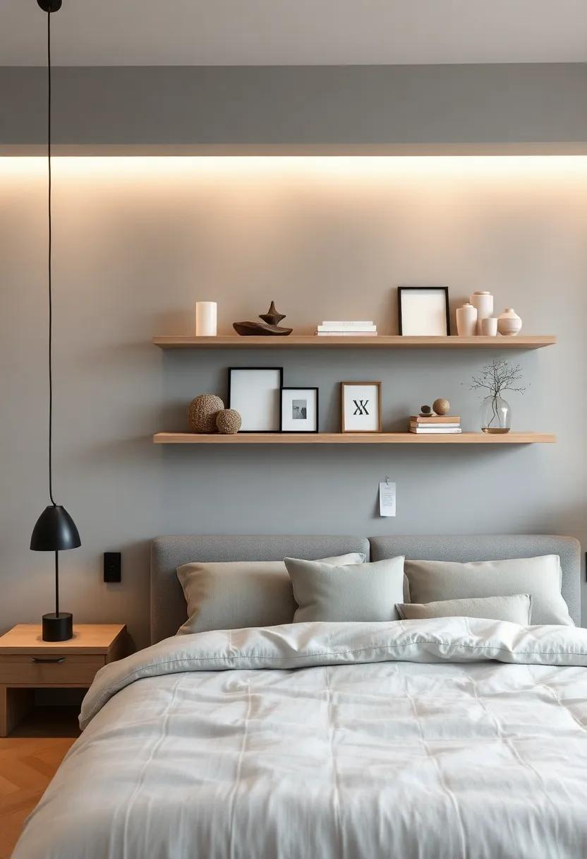 Floating Shelves Displaying Minimalist Decor and Personal Touches in Subtle Gray and Pastel Hues