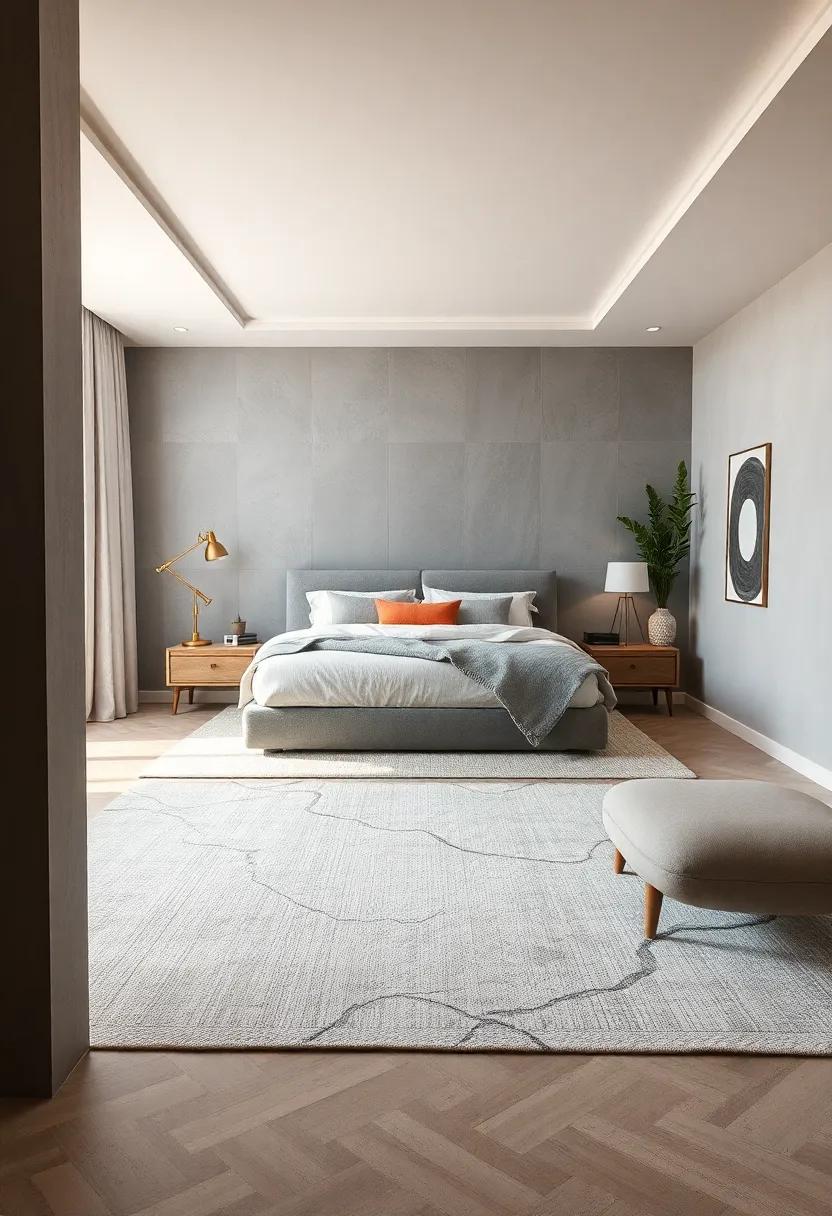 Soft Gray Upholstered Bed Frame Paired with Delicate Pastel Curtains and Warm Wooden Flooring