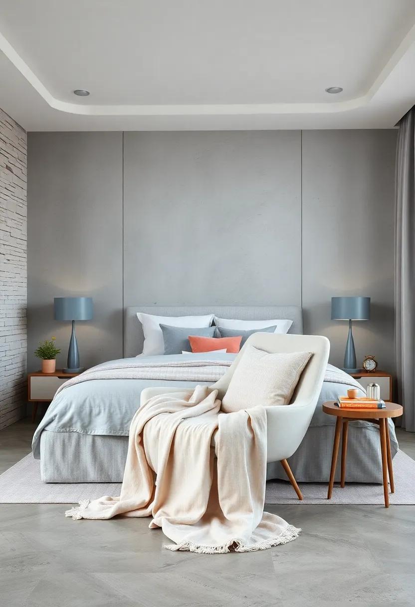 Inviting Reading Chair Draped in Soft Pastel Blanket and Coordinated with Gray Minimalist Lamps