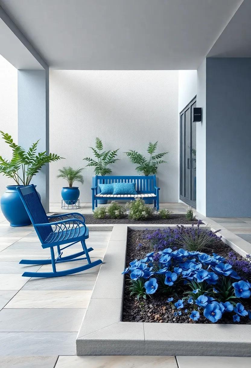 Blue Pour Rocking Bench Overlooking a Streamline Garden Bed Filled With Varied Blue Flower and Leaf Shapes