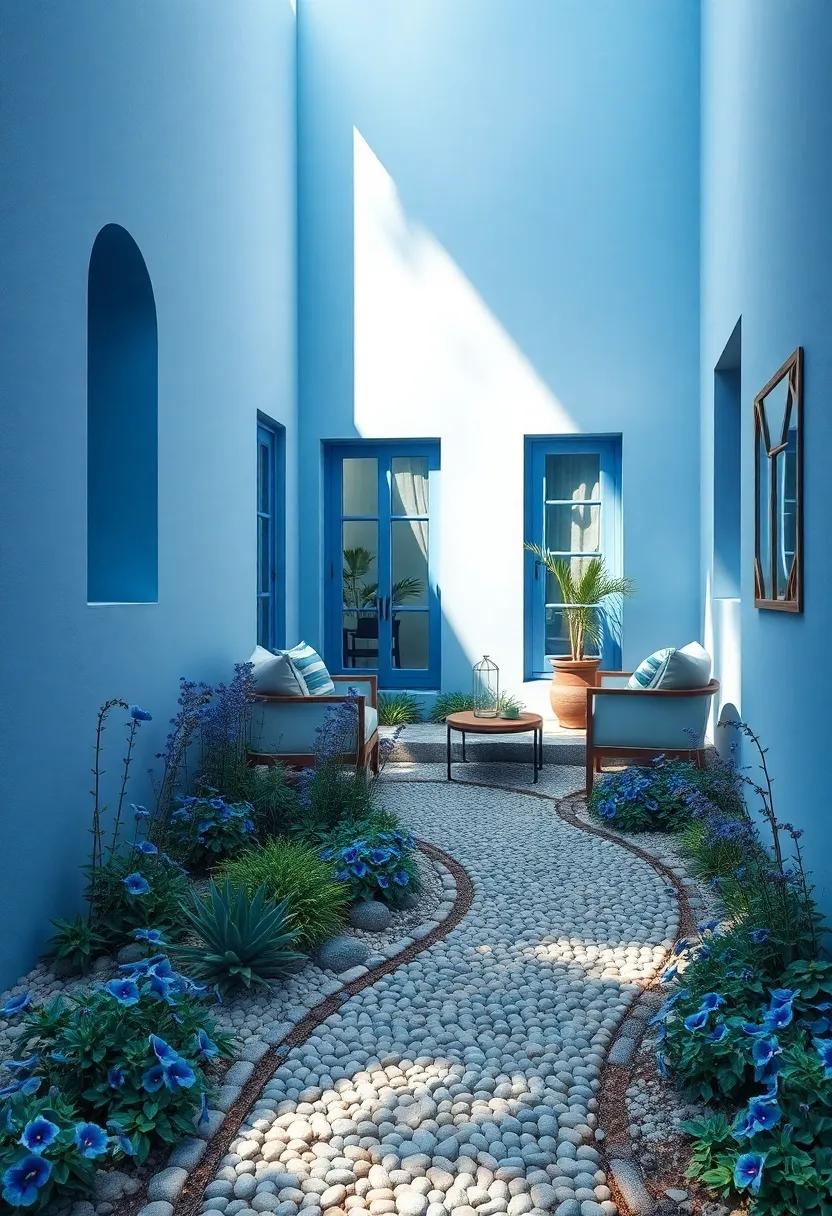 Blue-Toned Pebbled Path Winding Through a Garden of Blue Angelonia and Pale Verbena Under Dappled Sunlight