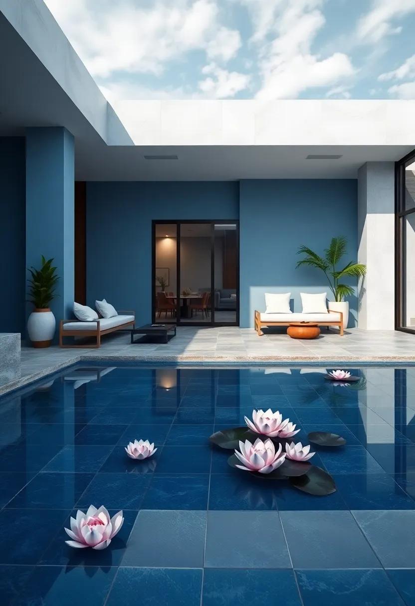 Calm Reflective Water Features Mirroring the Sky with Subtle Blue Tiles and Floating Lotus Blossoms