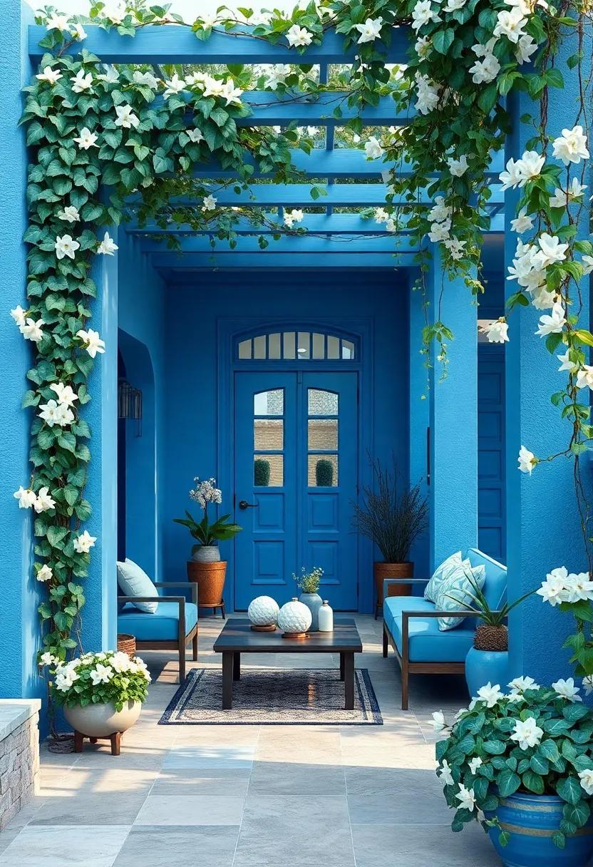 Cascading Blue Vines Twining Up Painted Blue Arbors Surrounded by Soft White Flowers and Green Leaves