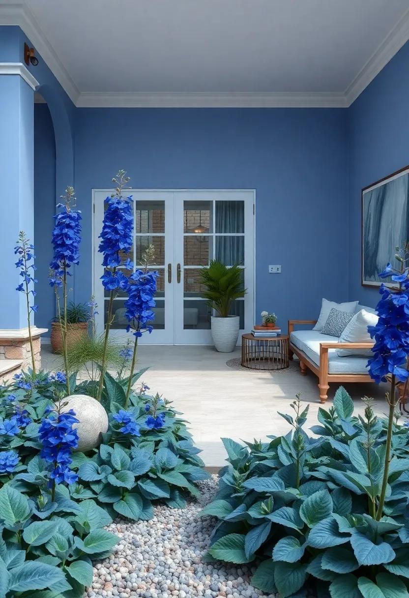 Clustered Blue Delphiniums Rising Tall Among Lower Ground Covers with Textured Leaves and Petals