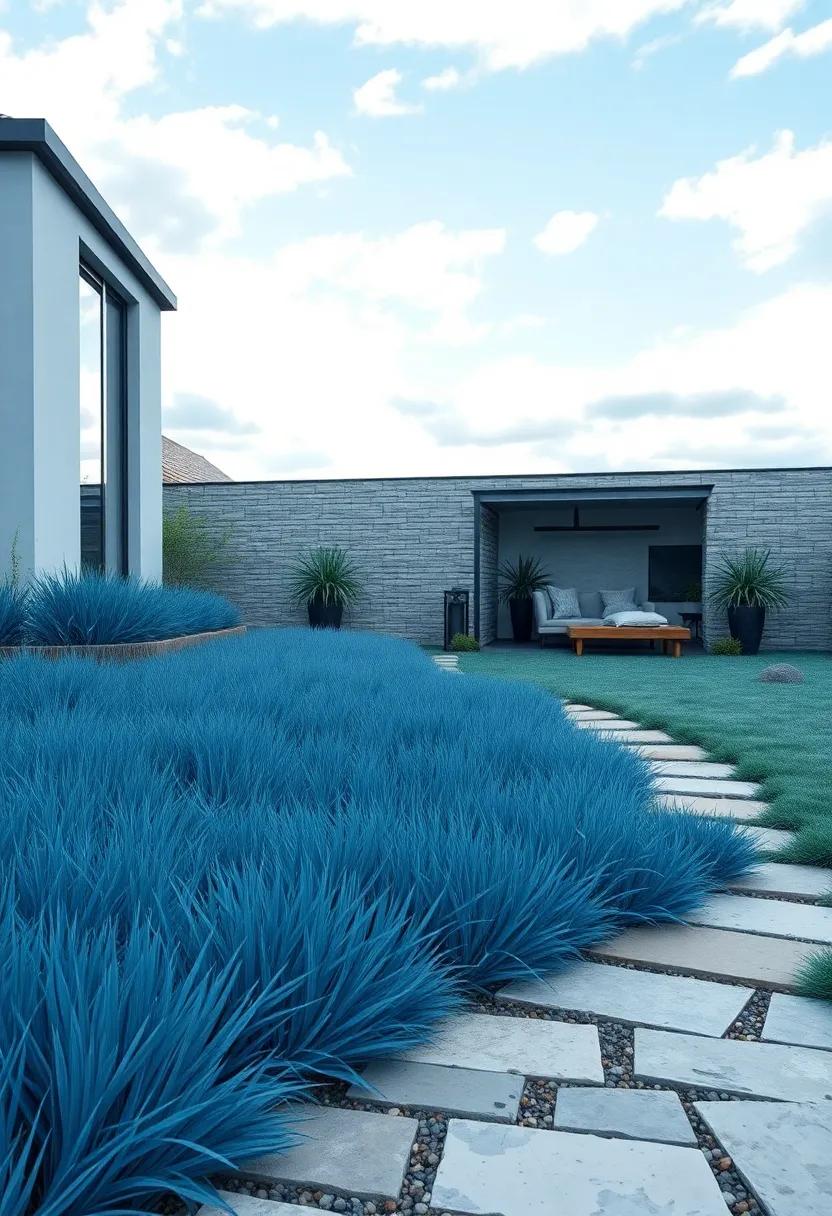 Delicate Blue Fescue Grass Swaying Gracefully Along a Stone Path Under a Soft Cloudy Sky