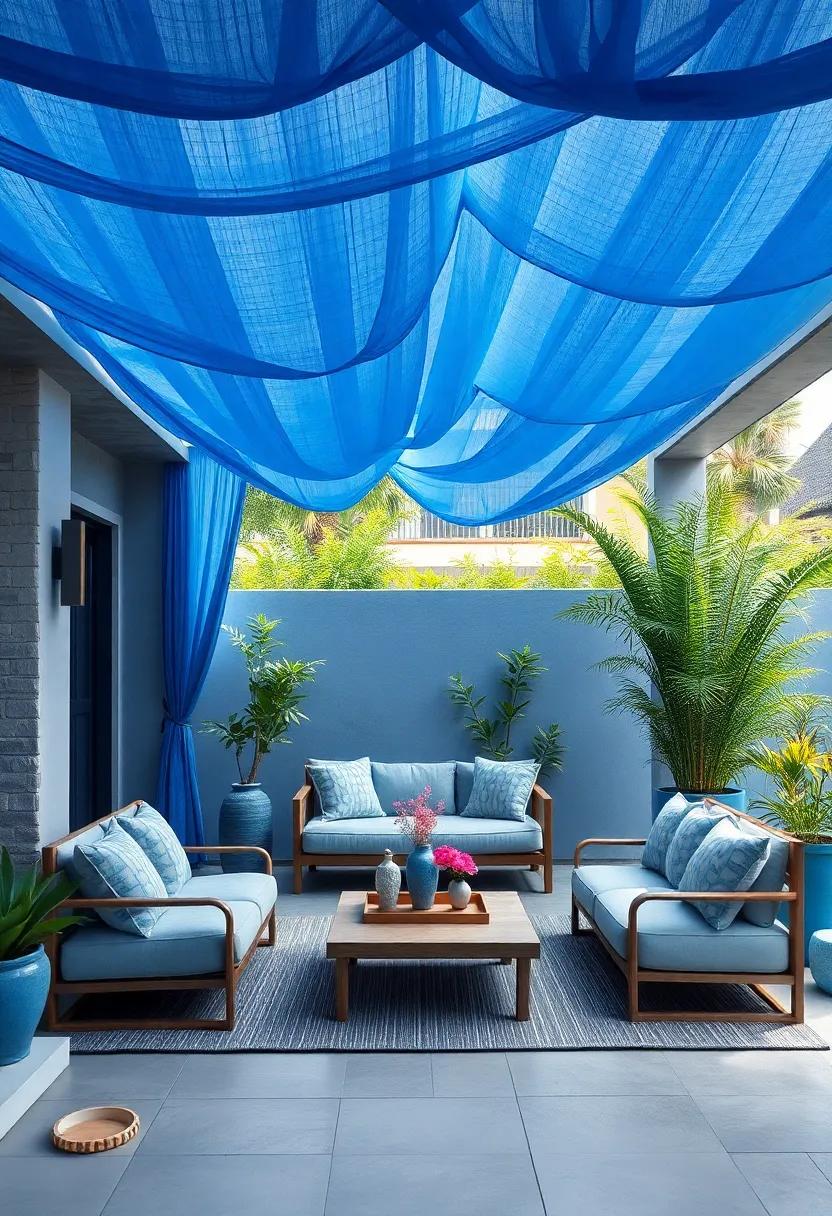 Draped Blue Canopy With Translucent Fabrics Creating a Cool Shade Over a Nestled Blue Garden Lounge