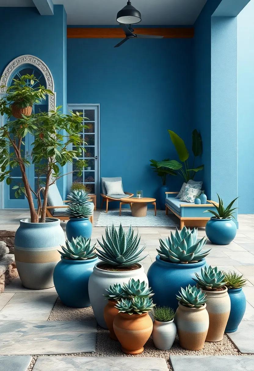 Elegant Blue Ceramic Pots Arranged with Varieties of Blue Succulents Creating a Harmonious Visual Flow