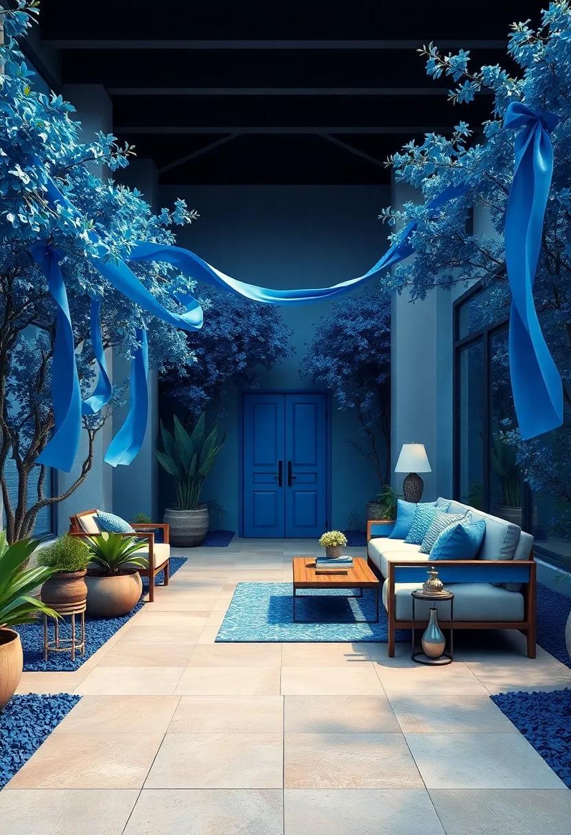 Flowing Blue Ribbon Banners Drifting Between Trees With Subtle Wind Movement Over Lush Blue Foliage