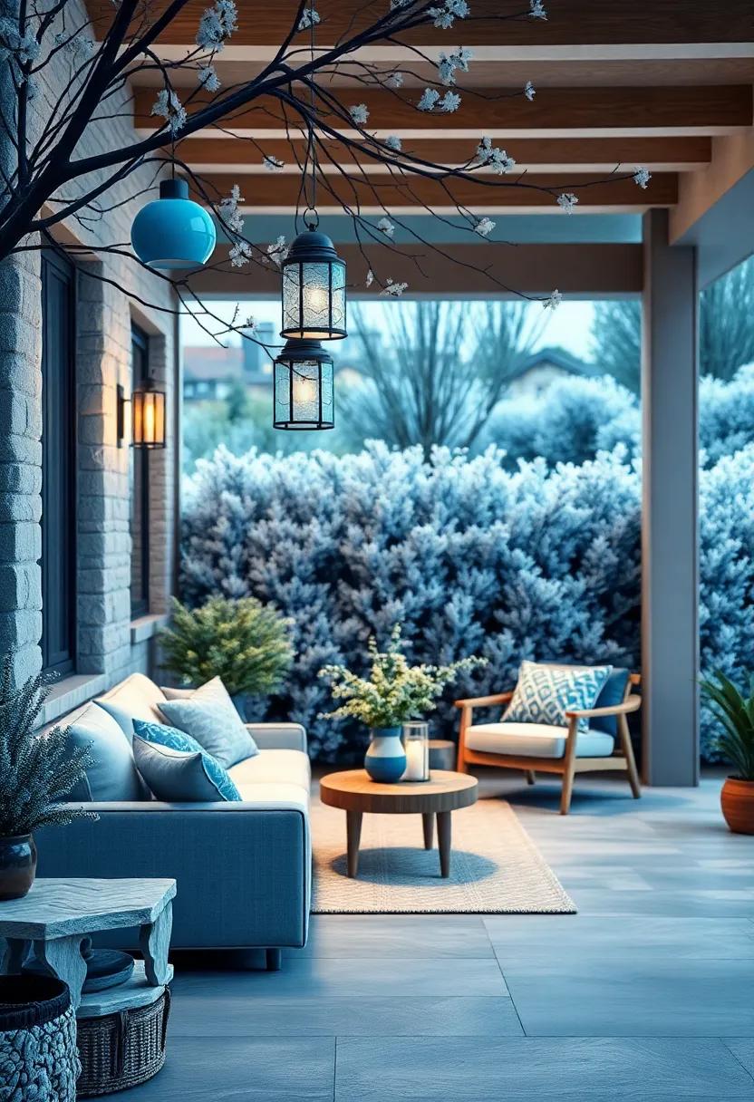 Frosted Blue Lanterns Hanging From Branches With a Backdrop of Silvery Blue Shrubbery Under Dusk Light