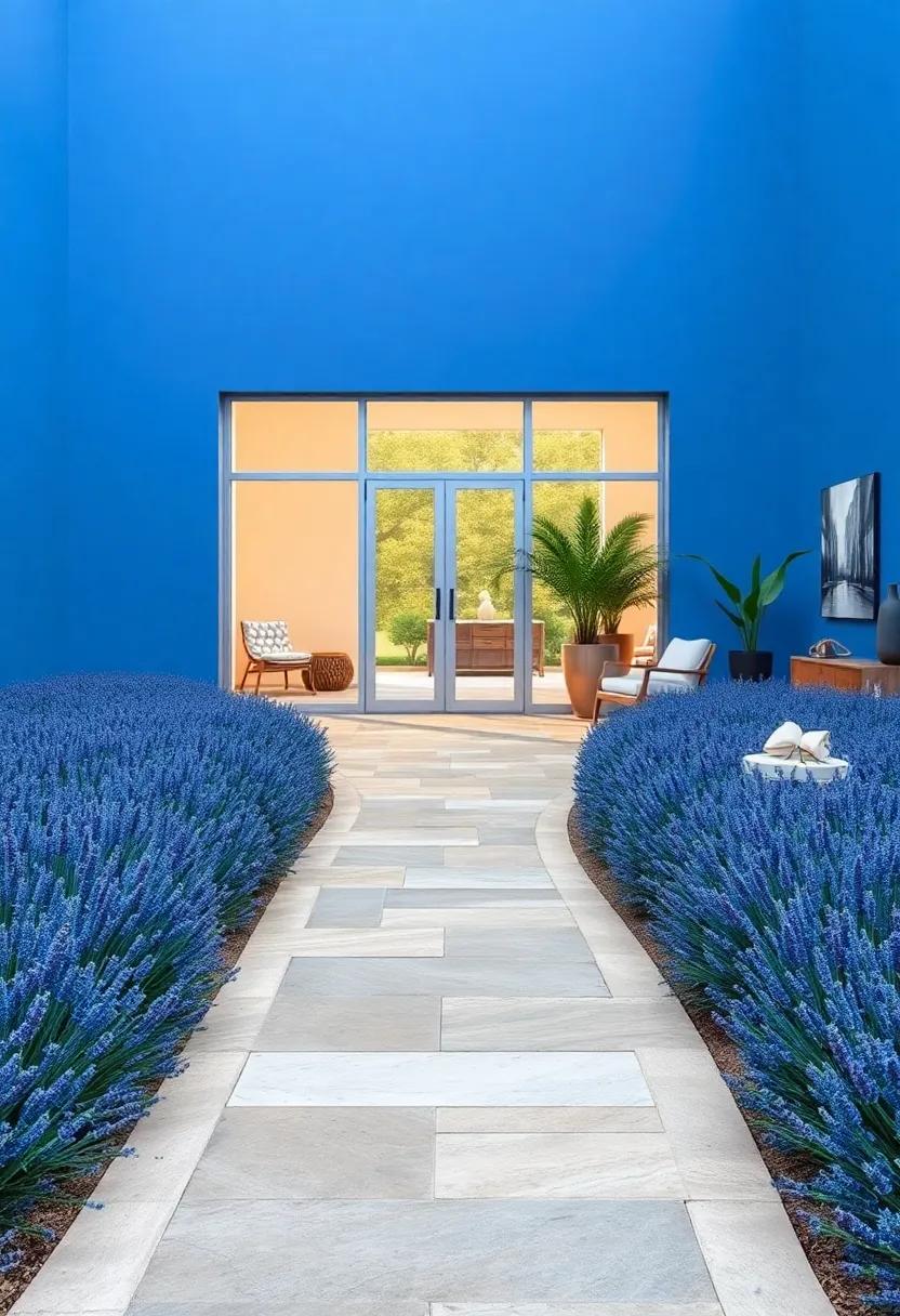 Gentle Blue Lavender Fields Bordering a Curved Pathway with Dew-Kissed Stalks and Soft Breeze Motion