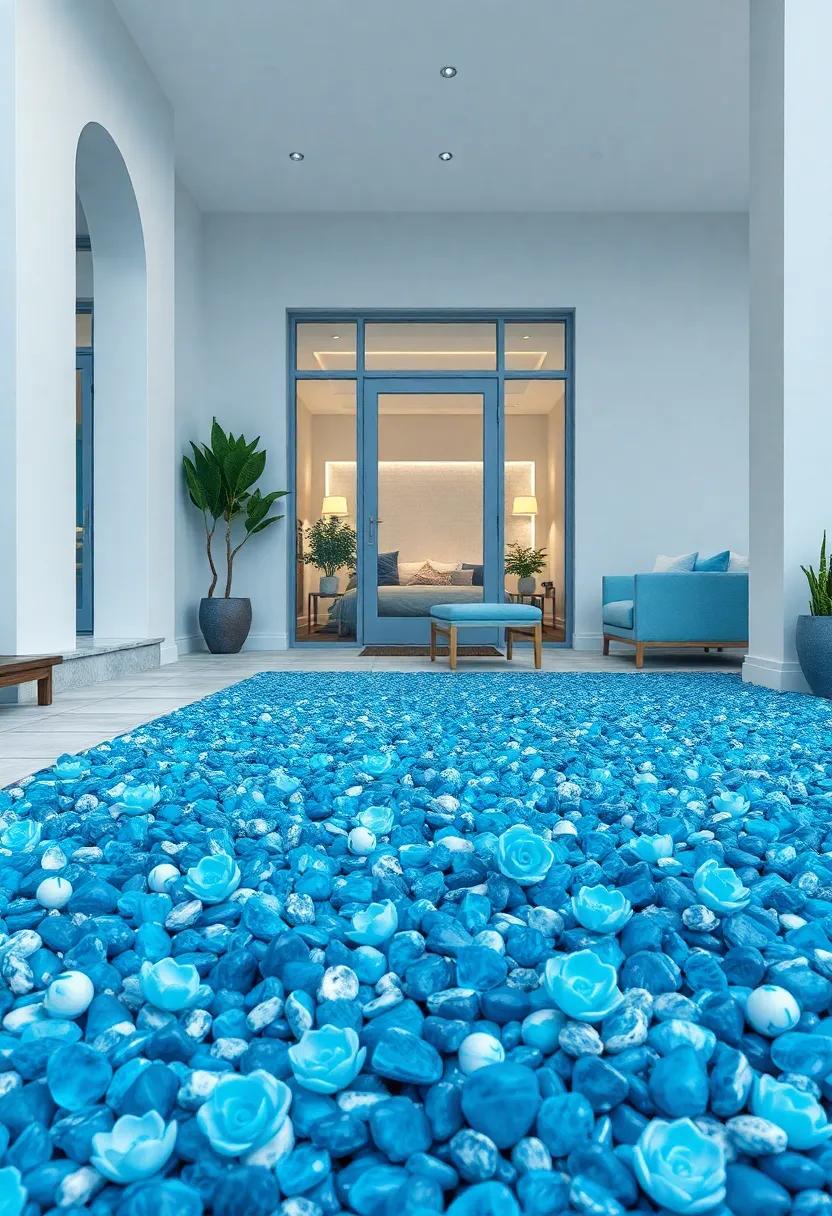 Icy Blue Glass Mulch Covering Ground Beneath Small, Textured Blue Plants and Decorative Garden Sculptures