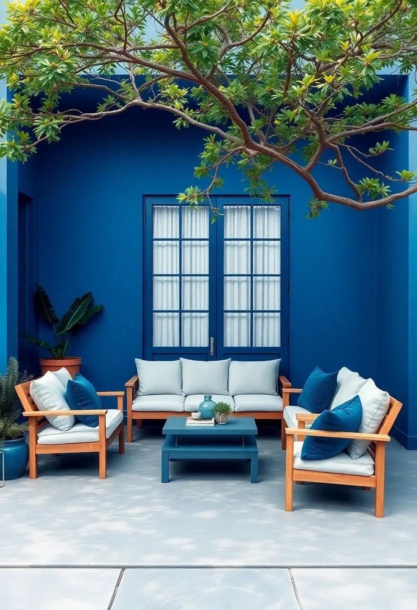 Minimalist Blue-Toned Outdoor Seating Set Beneath a Shade Tree with Cushions in Gradients of Indigo