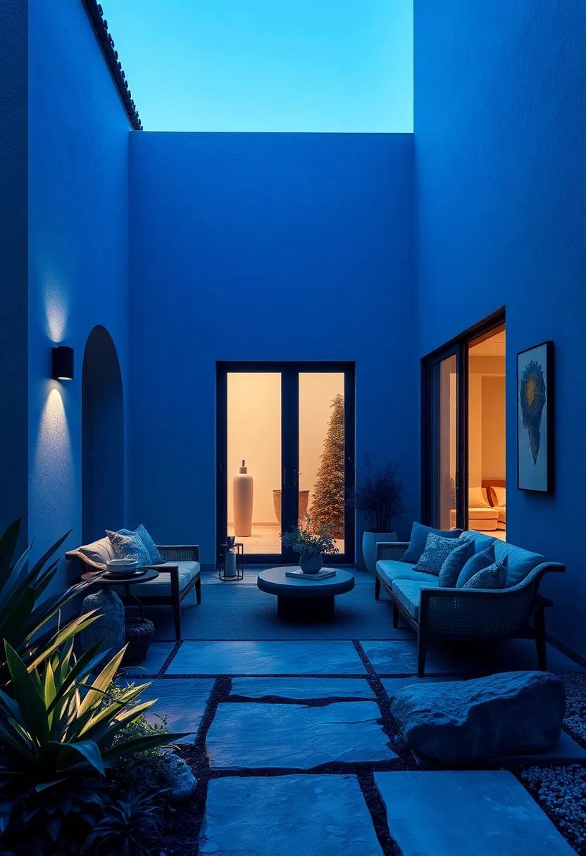 Mystical Blue Lighting Effects Casting Cool Shadows on Blue Foliage and Stone Elements at Twilight