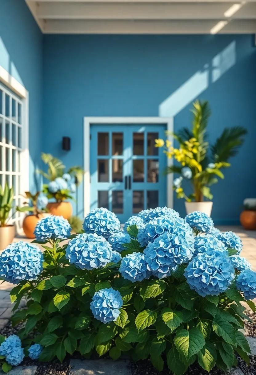 Serene Blue Hydrangeas Nestled Among Lush Greenery Highlighting Layers of Soft Blue Petals in Morning Light