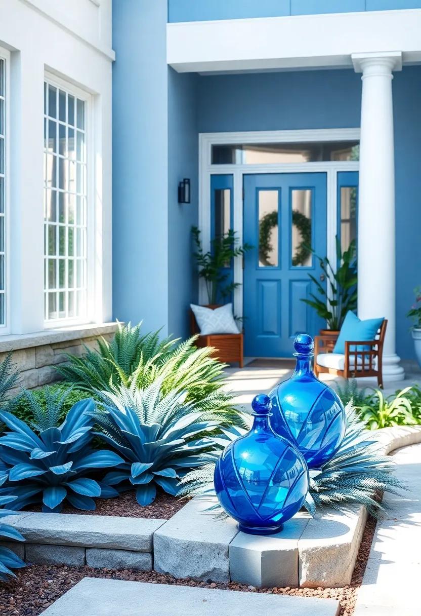 Serene Blue Glass Garden Ornaments Reflecting Sunlight Amidst Soft Blue Hostas and Ferns