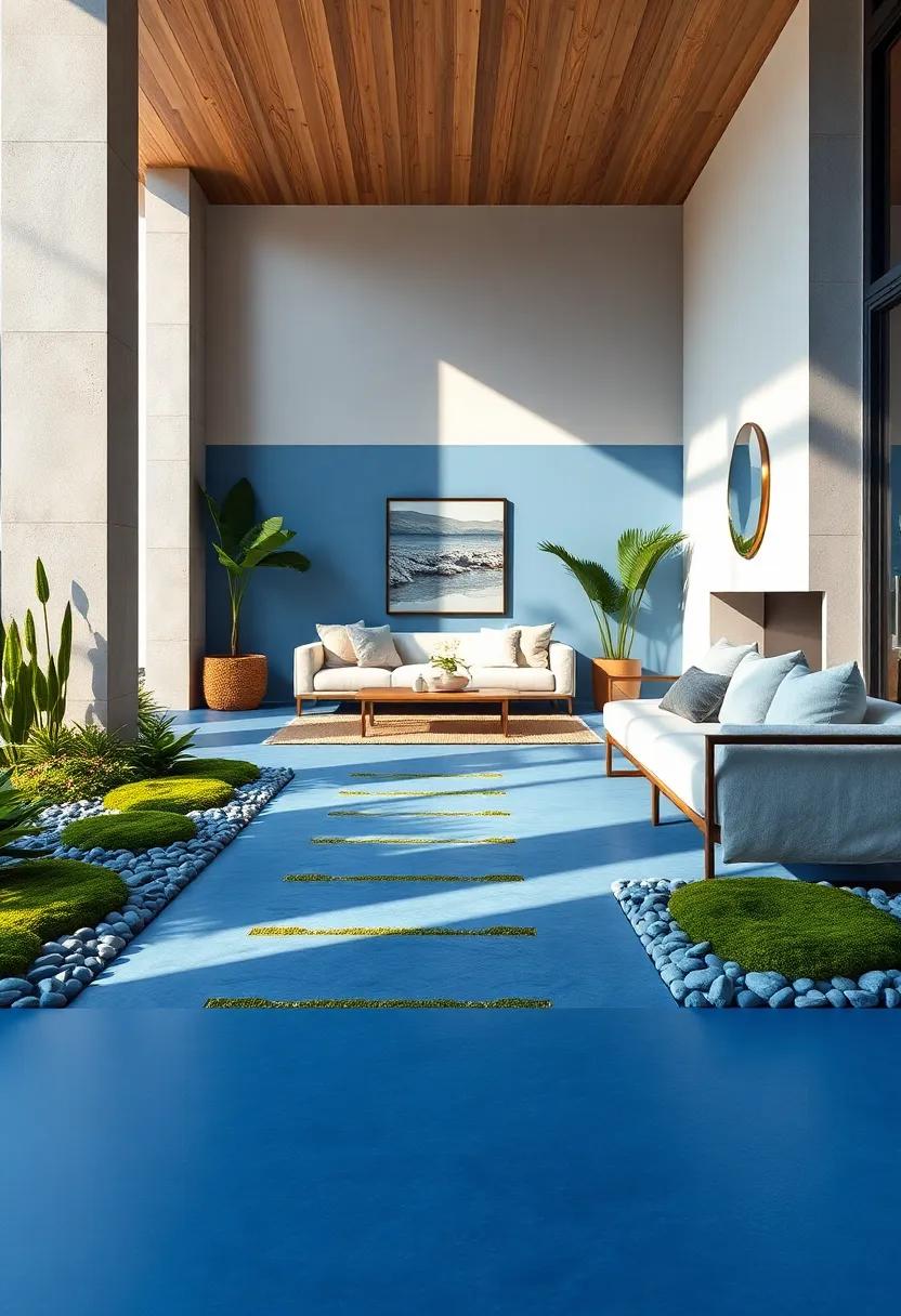 Smooth Blue Pebble Borders Contrasting With Mossy Green Ground Cover and Speckled Light Filtering Through