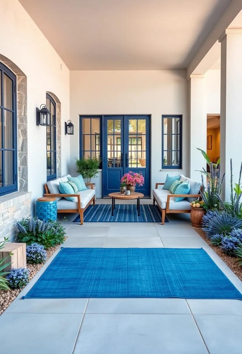 Soft Blue Outdoor Rugs Layered Beneath Curved Benches Surrounded by Varying Shades of Blue Perennials