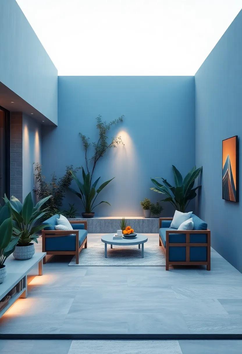 Soft Mist and Blue Hues Revealing Layered Plant Textures in a Quiet Blue Garden Alcove at Sunrise