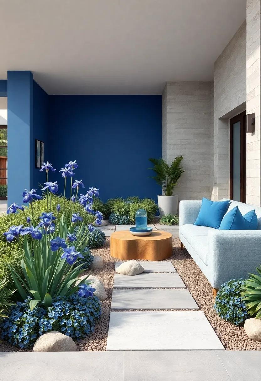 Tranquil Blue Iris Flowers Interspersed Among Pale Green Shrubs and Smooth Stone Accents