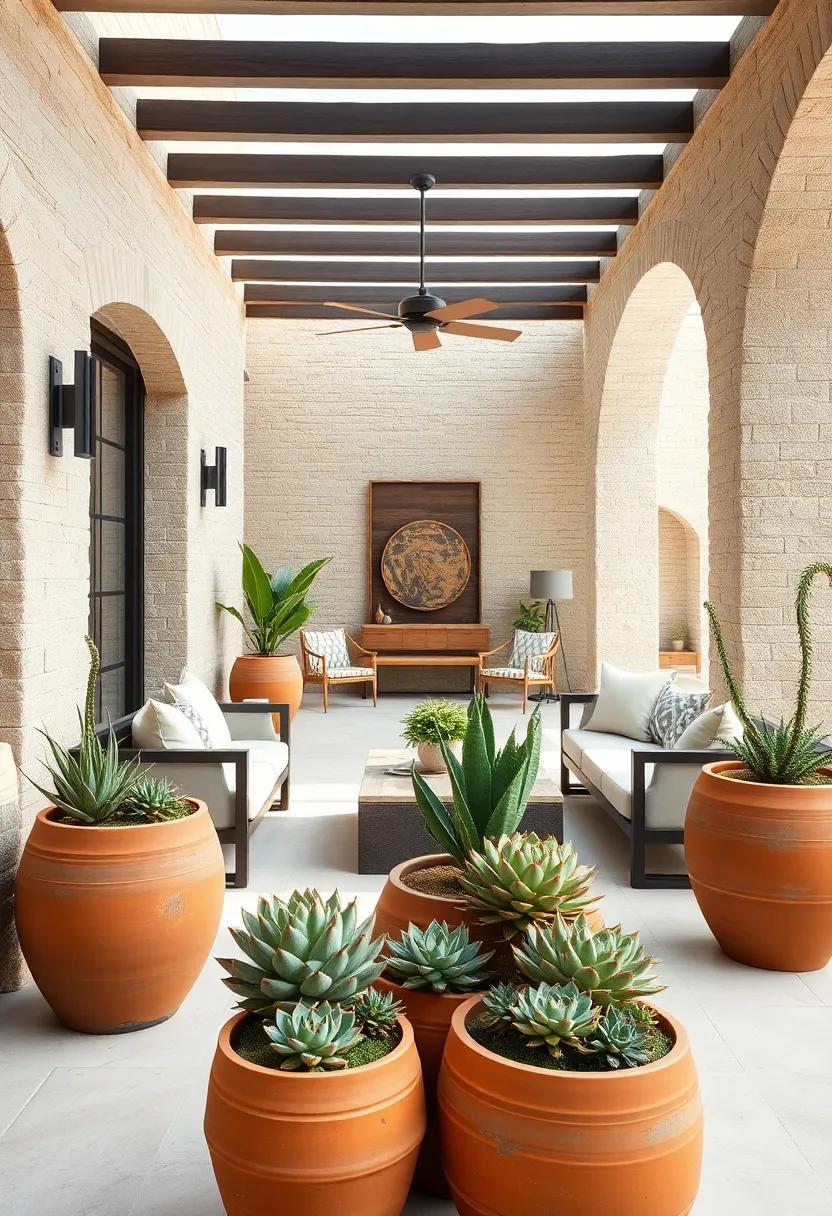 Large Terracotta Planters Housing Succulents In Muted Color Schemes