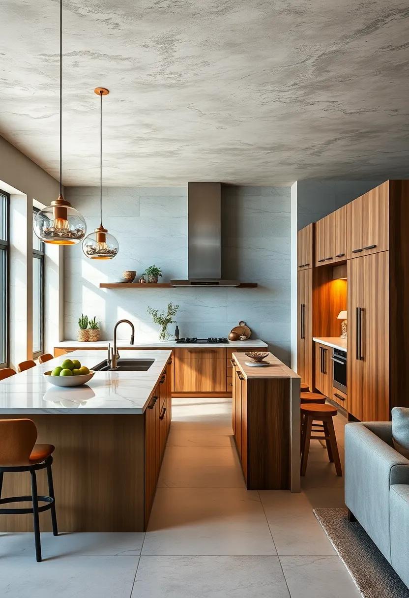 Contrasting Textures Combining Polished Marble Countertops with Rustic Wooden Cabinets