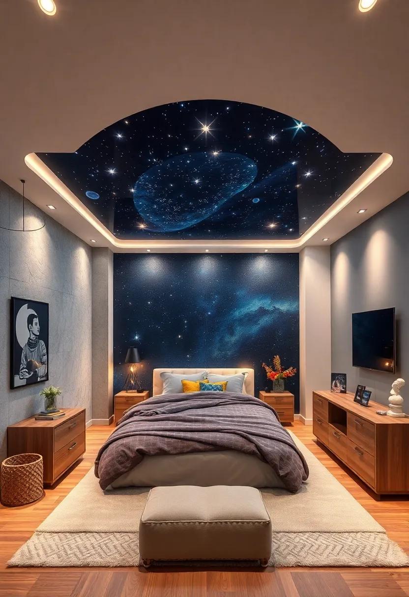 Dreamy Outer Space Bedroom Featuring a Cosmic Ceiling with Twinkling Glowing Stars