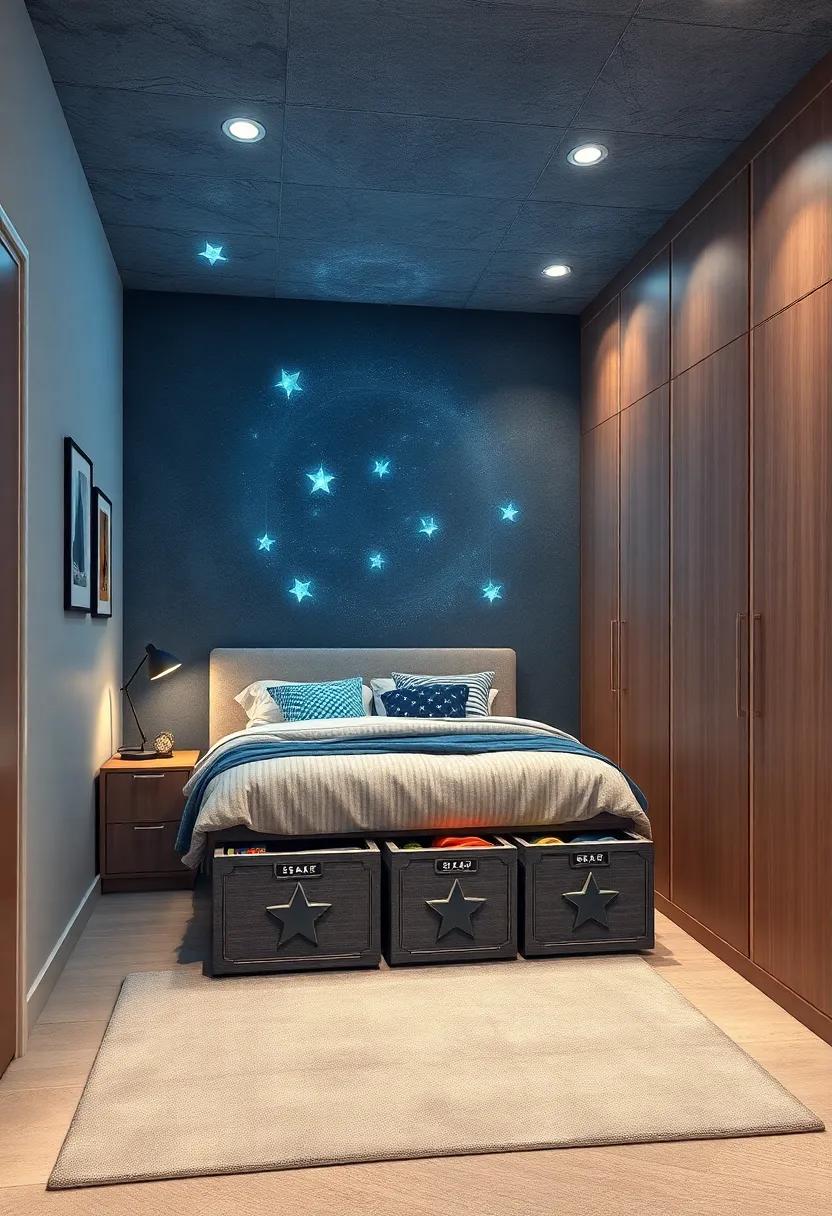 Hidden Drawer Storage Styled as Space Crates with Star Emblems for Futuristic Organization